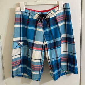 Men's Old Navy Board Shorts Medium Plaid Pattern Blue